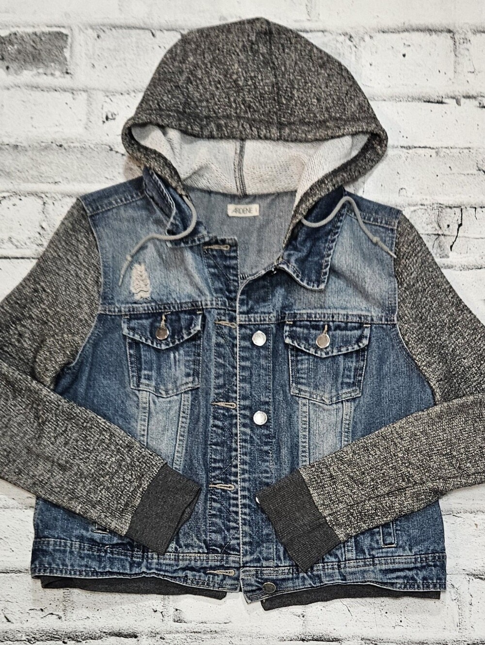 Ardene Denim Jacket Large Gray Knit Sleeve Hoodie Distressed Jean Jacket